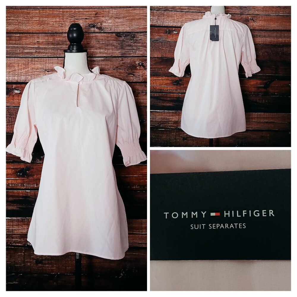 NWT Tommy Hilfiger Top M Pink Ruffle Puff Sleeve Keyhole Short Sleeve Cotton
